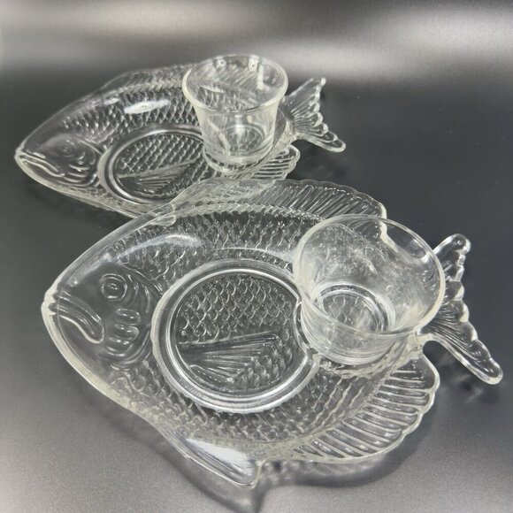 Clear Fish Dish Plates And Cups Teacup Saucer Set Votive Candle Holder 4 Pieces - Picture 1 of 14